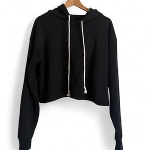 Wild Fable Black Cropped Hoodie with White Drawstrings